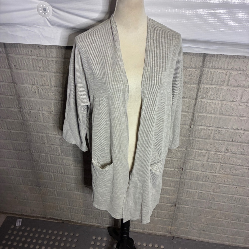 DONNI Grey White Striped‎ Open Front Cardigan OSFA Cotton Blend Pockets Kimono